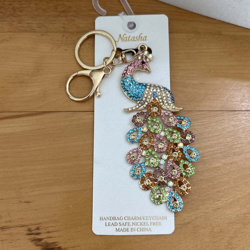 Natasha Rhinestone Peacock Bag Charm Keychain Brand New Bling Gold Rainbow